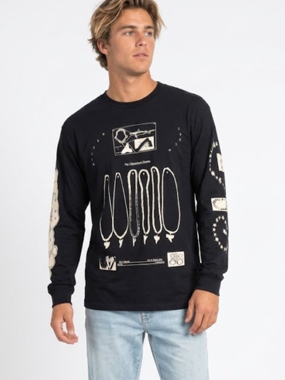 Shark Teeth Graphic Long Sleeve Shirt Black Men's Medium Indie Streetwear